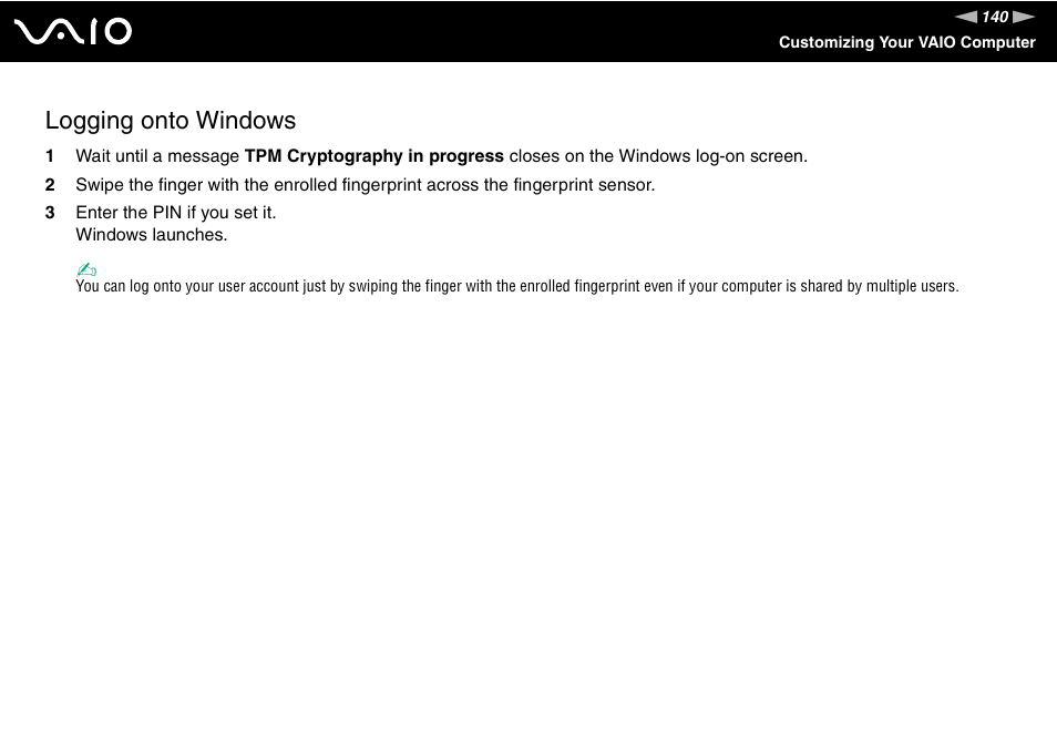 Logging onto windows | Sony VGN-SZ440 User Manual | Page 140 / 239