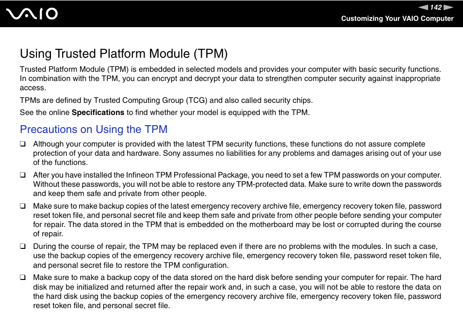 Using trusted platform module (tpm), Precautions on using the tpm | Sony VGN-SZ440 User Manual | Page 142 / 239