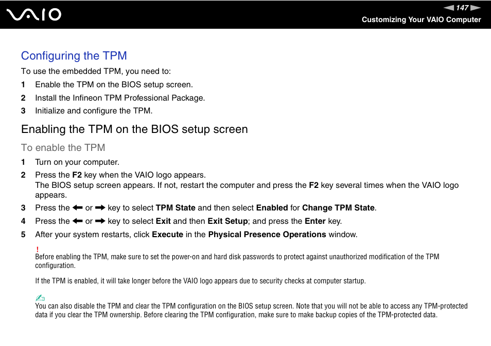 Configuring the tpm, Enabling the tpm on the bios setup screen | Sony VGN-SZ440 User Manual | Page 147 / 239