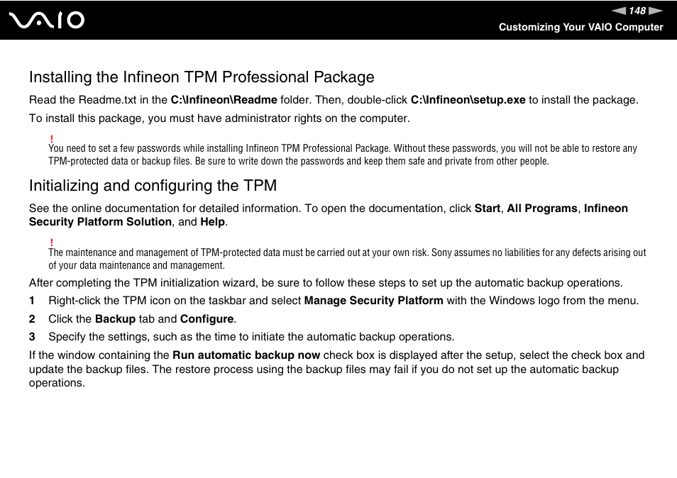 Installing the infineon tpm professional package, Initializing and configuring the tpm | Sony VGN-SZ440 User Manual | Page 148 / 239