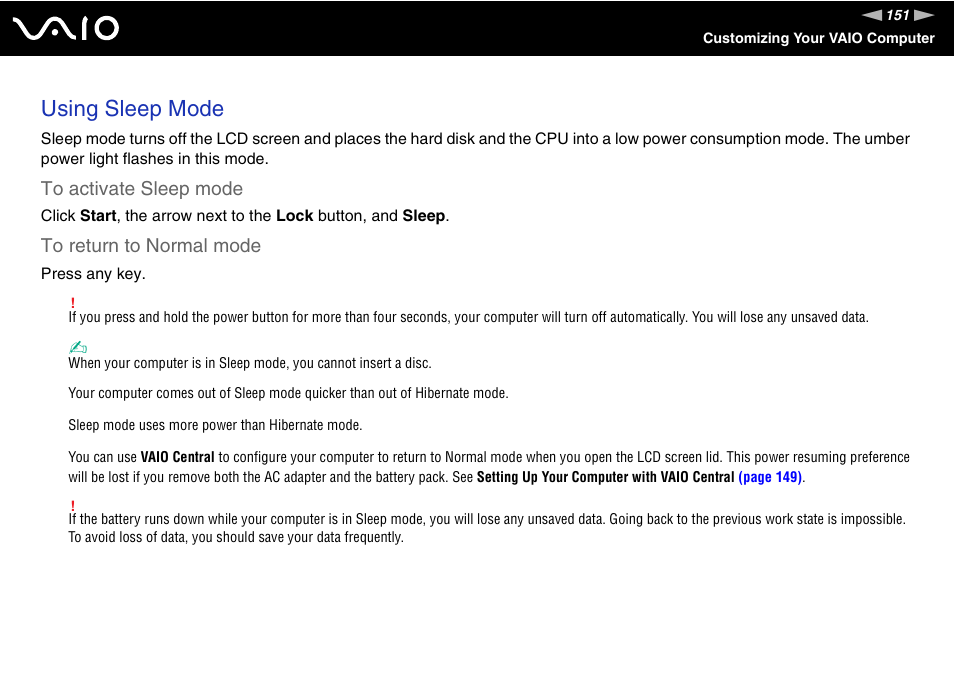 Using sleep mode | Sony VGN-SZ440 User Manual | Page 151 / 239