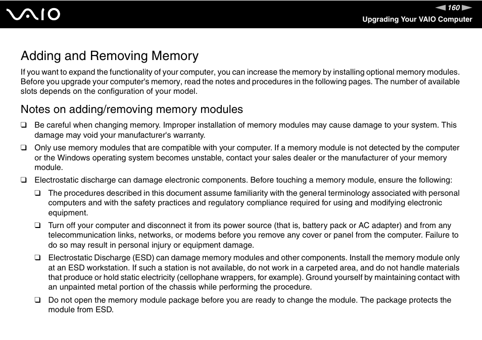 Adding and removing memory | Sony VGN-SZ440 User Manual | Page 160 / 239