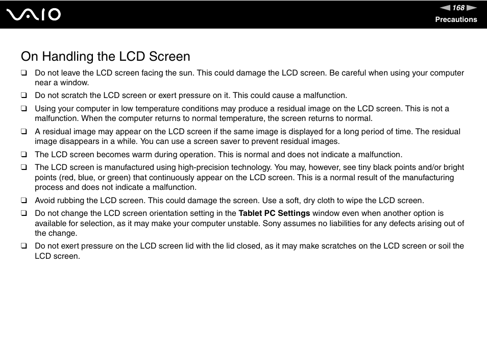 On handling the lcd screen | Sony VGN-SZ440 User Manual | Page 168 / 239