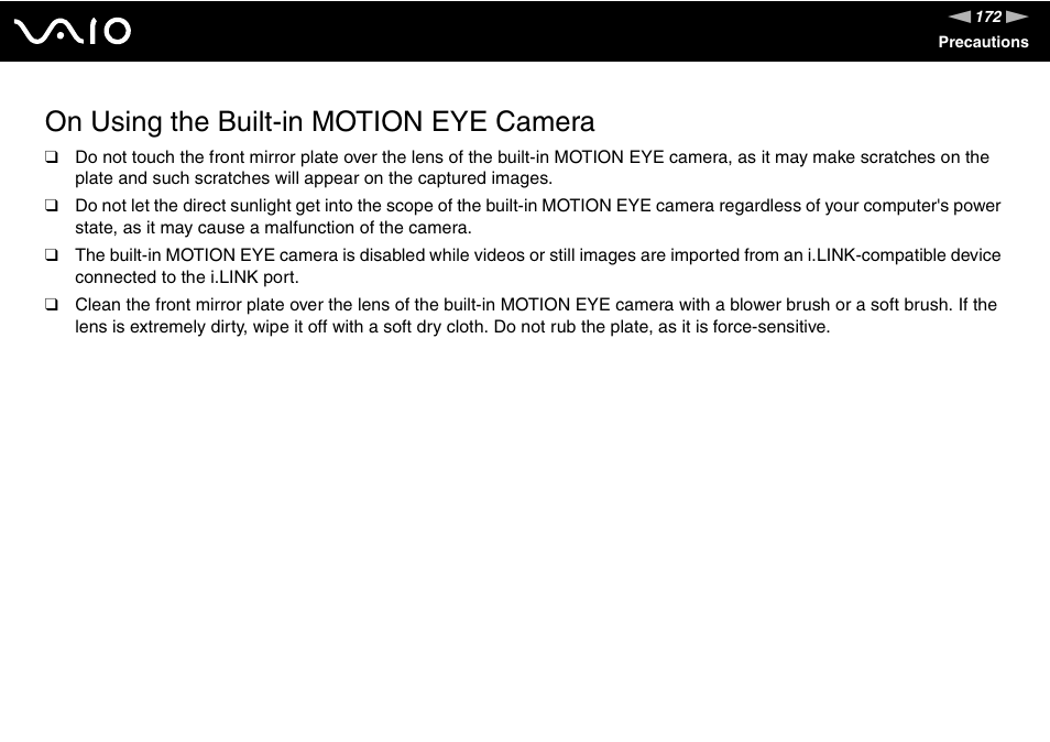 On using the built-in motion eye camera | Sony VGN-SZ440 User Manual | Page 172 / 239