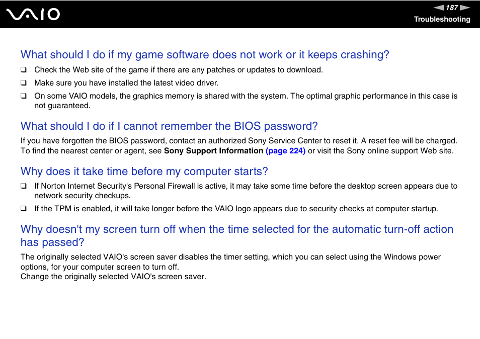 Why does it take time before my computer starts | Sony VGN-SZ440 User Manual | Page 187 / 239