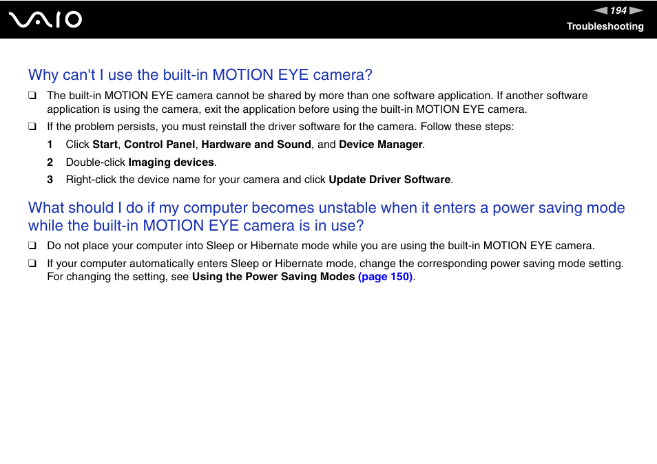 Why can't i use the built-in motion eye camera | Sony VGN-SZ440 User Manual | Page 194 / 239