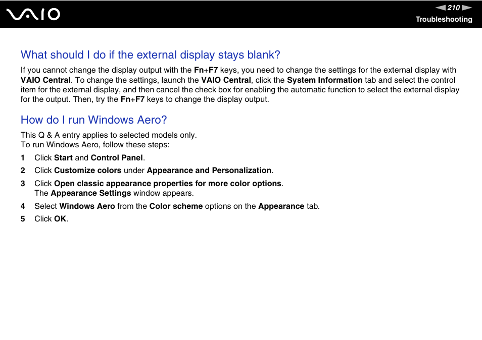 How do i run windows aero | Sony VGN-SZ440 User Manual | Page 210 / 239