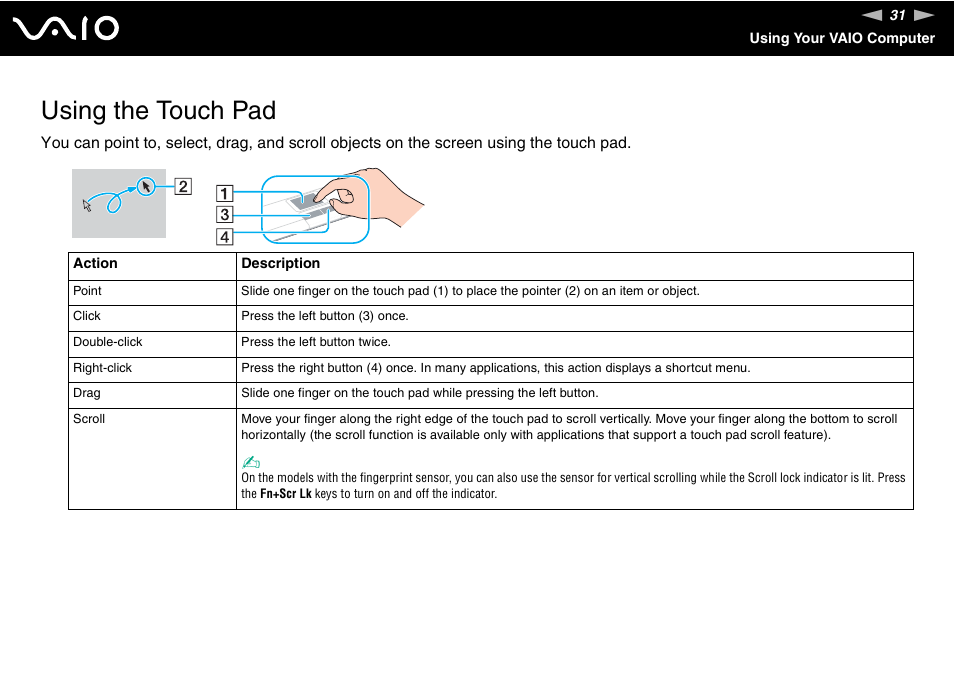 Using the touch pad | Sony VGN-SZ440 User Manual | Page 31 / 239