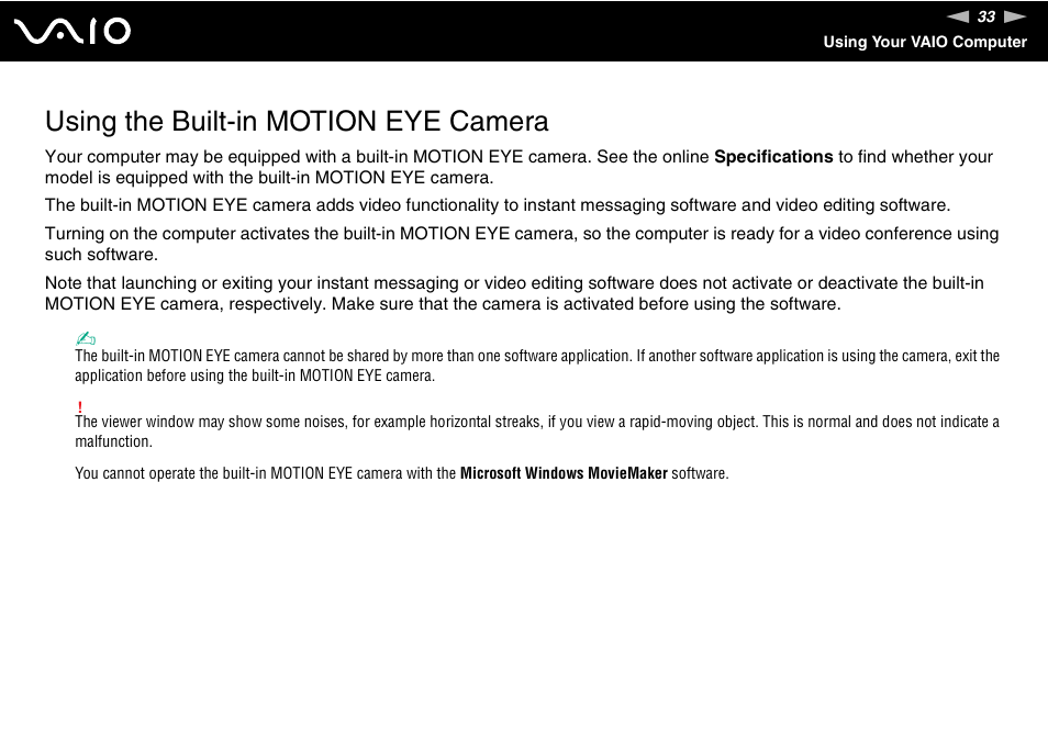 Using the built-in motion eye camera | Sony VGN-SZ440 User Manual | Page 33 / 239