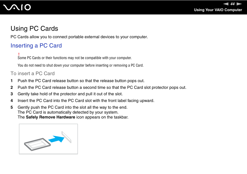 Using pc cards, Inserting a pc card | Sony VGN-SZ440 User Manual | Page 44 / 239