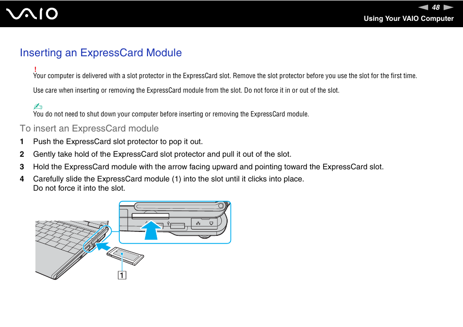 Inserting an expresscard module | Sony VGN-SZ440 User Manual | Page 48 / 239