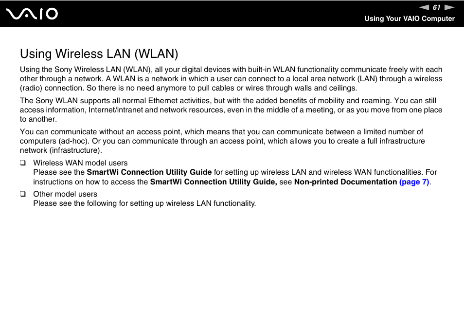 Using wireless lan (wlan) | Sony VGN-SZ440 User Manual | Page 61 / 239