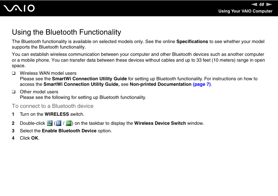 Using the bluetooth functionality | Sony VGN-SZ440 User Manual | Page 68 / 239