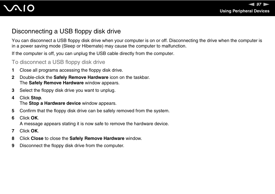 Disconnecting a usb floppy disk drive | Sony VGN-SZ440 User Manual | Page 97 / 239