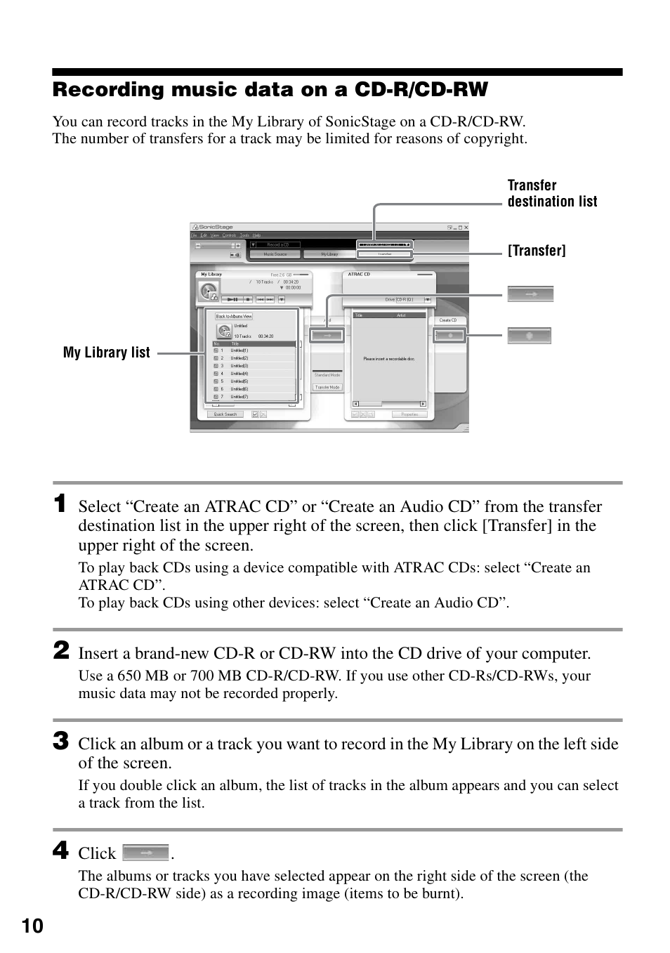 Recording music data on a cd-r/cd-rw | Sony D-NE326CK User Manual | Page 10 / 20