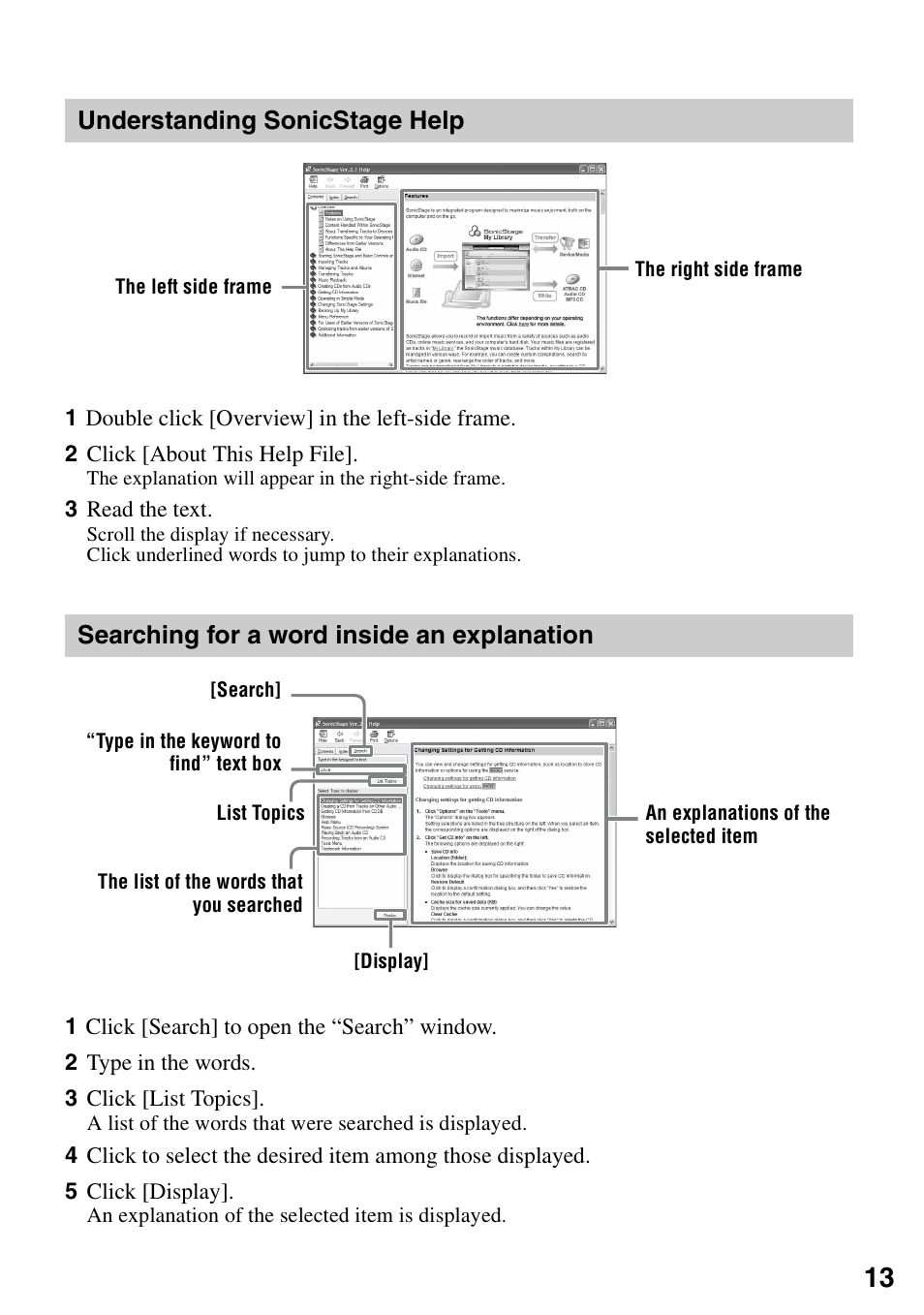 Understanding sonicstage help, Searching for a word inside an explanation | Sony D-NE326CK User Manual | Page 13 / 20