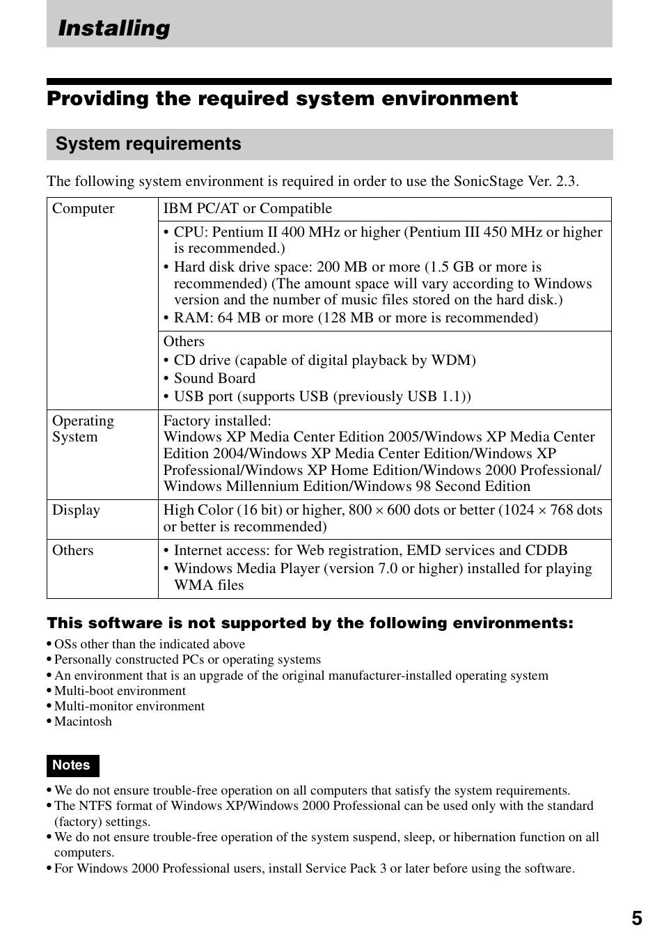 Installing, Providing the required system environment, System requirements | Sony D-NE326CK User Manual | Page 5 / 20