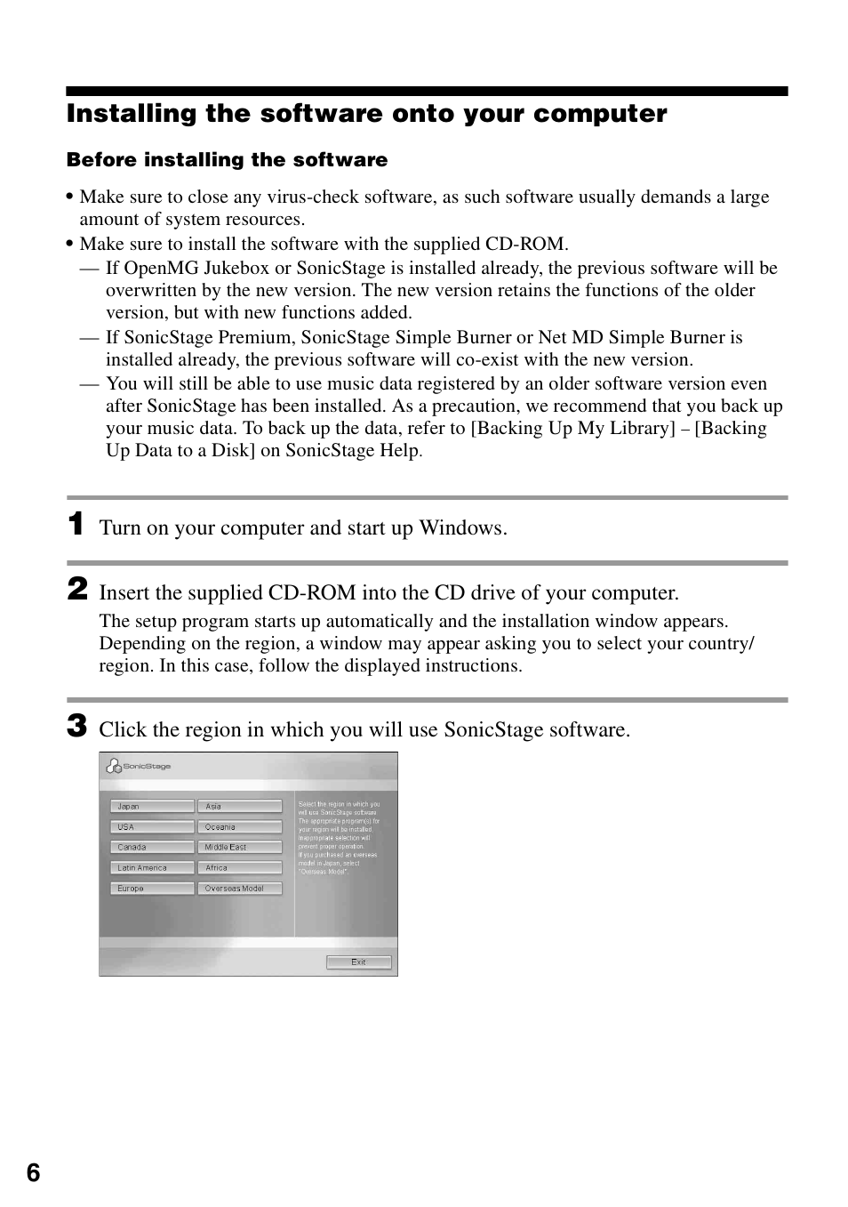 Installing the software onto your computer, 6installing the software onto your computer | Sony D-NE326CK User Manual | Page 6 / 20