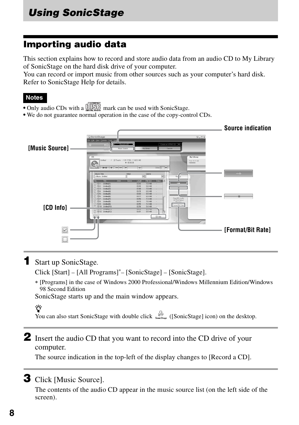 Using sonicstage, Importing audio data | Sony D-NE326CK User Manual | Page 8 / 20