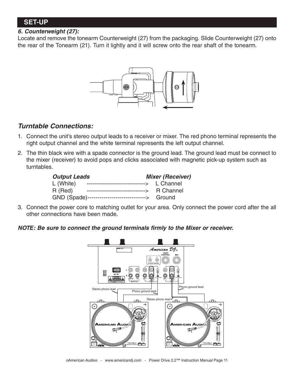 Turntable connections, Set-up | American Audio Power Drive 2.2 - Direct Drive Phono Turntable User Manual | Page 11 / 20