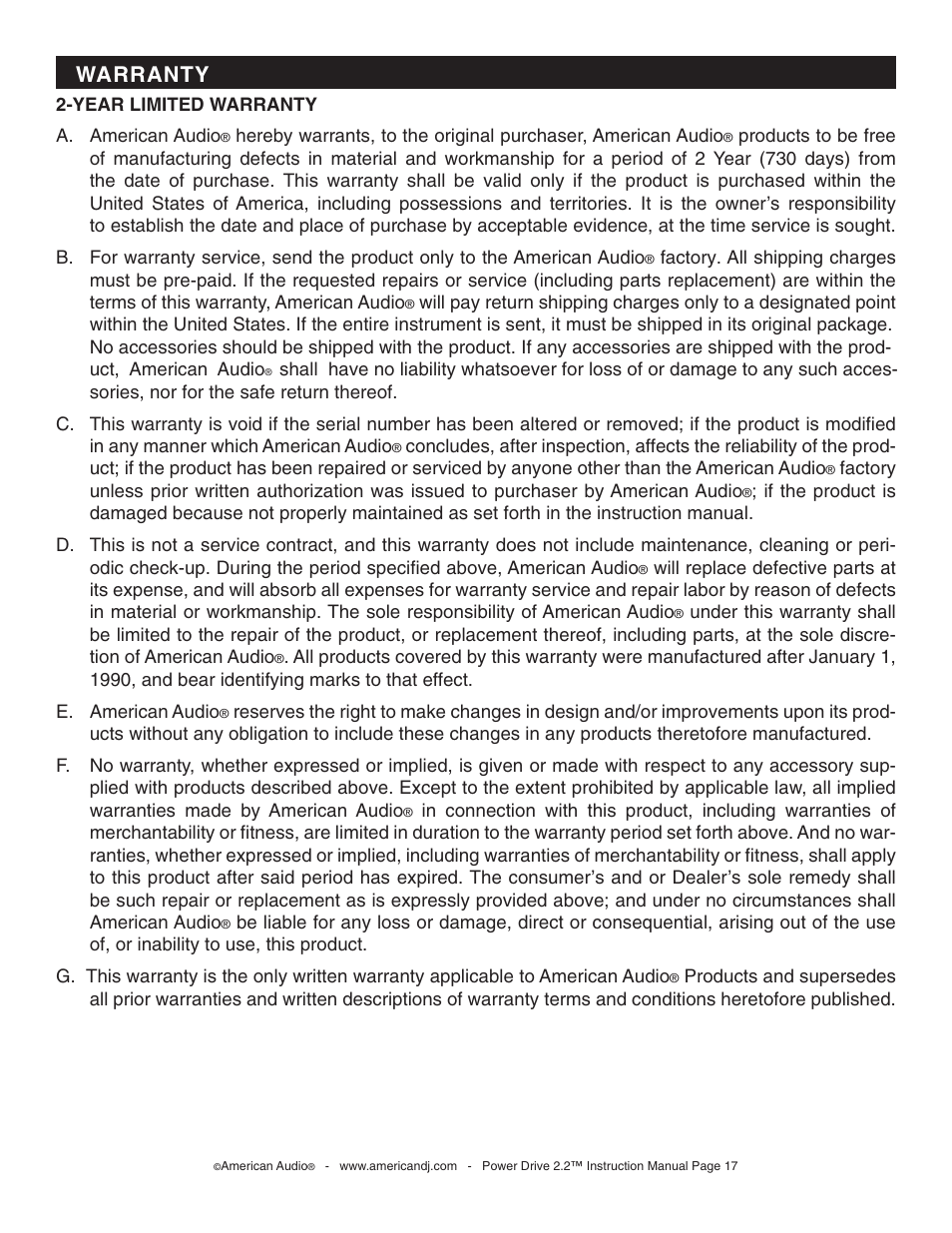 Warranty | American Audio Power Drive 2.2 - Direct Drive Phono Turntable User Manual | Page 17 / 20