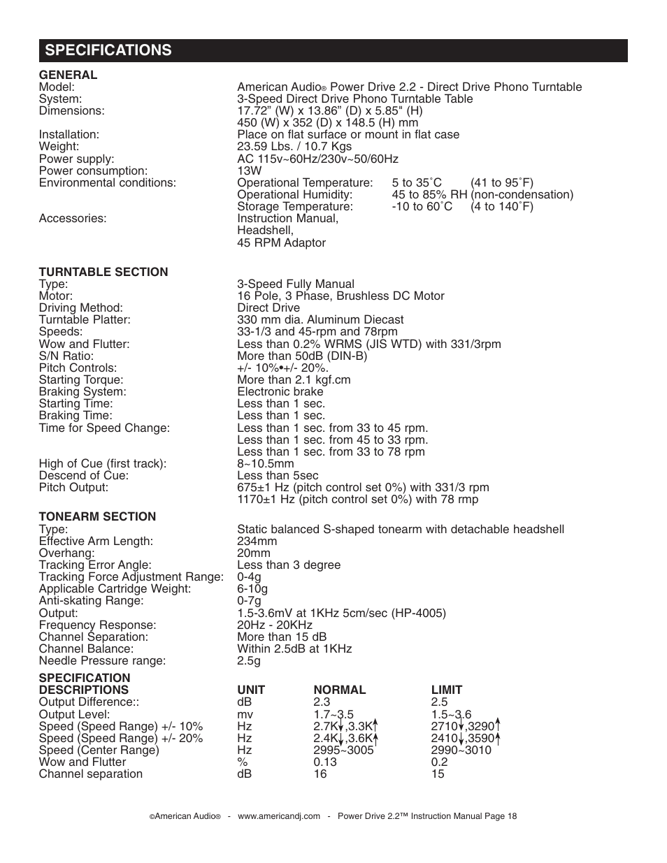 Specifications | American Audio Power Drive 2.2 - Direct Drive Phono Turntable User Manual | Page 18 / 20