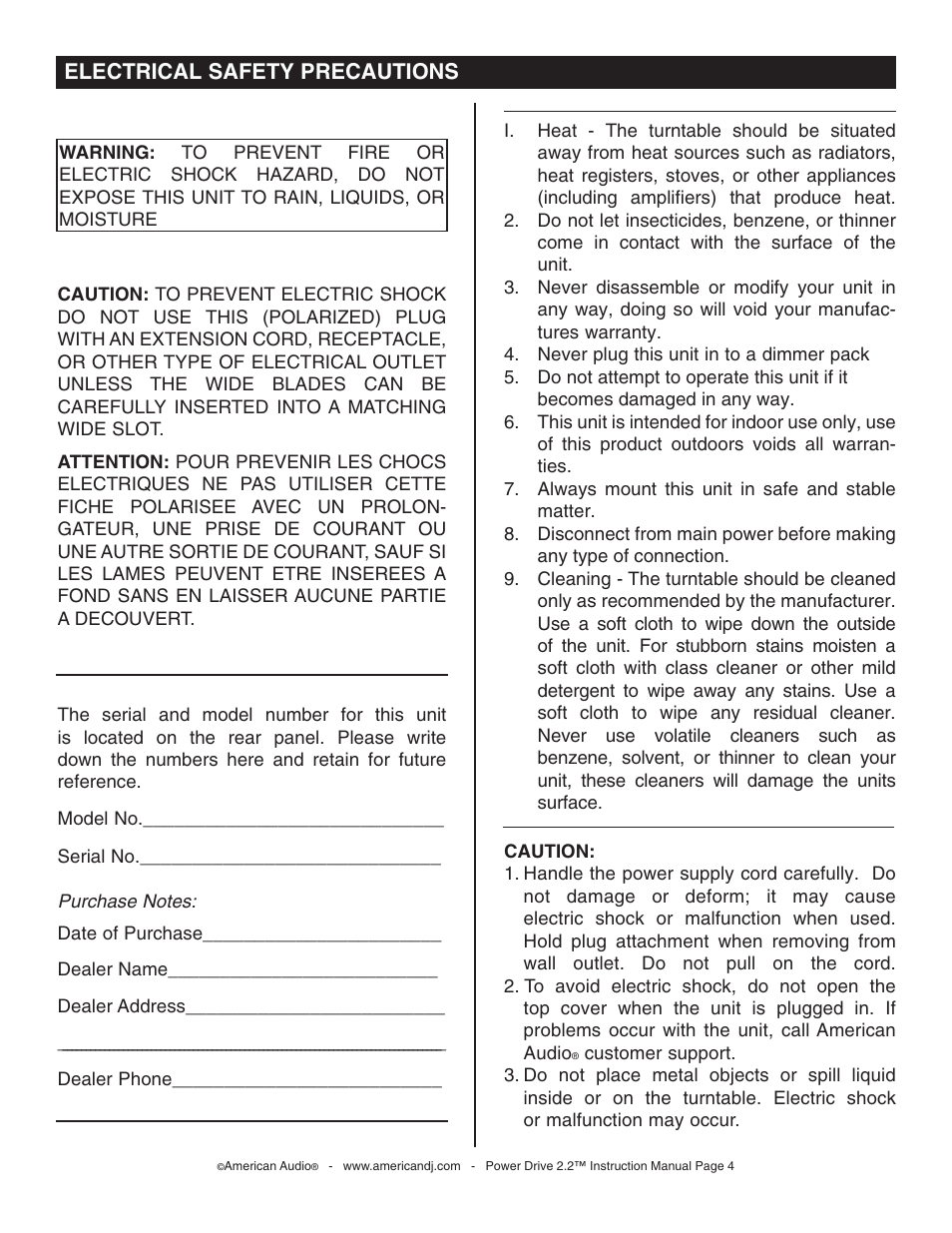 Electrical safety precautions | American Audio Power Drive 2.2 - Direct Drive Phono Turntable User Manual | Page 4 / 20