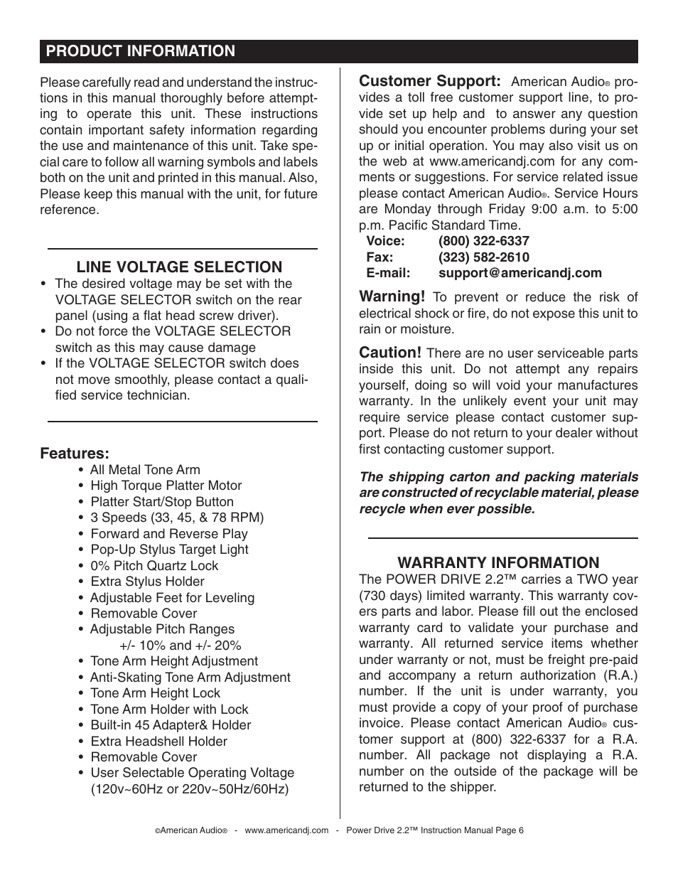 Product information, Warranty information, Line voltage selection | Customer support, Warning, Caution, Features | American Audio Power Drive 2.2 - Direct Drive Phono Turntable User Manual | Page 6 / 20