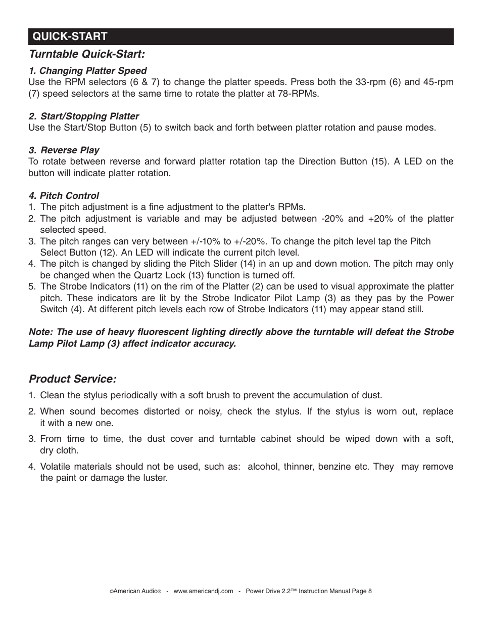 Quick-start turntable quick-start, Product service | American Audio Power Drive 2.2 - Direct Drive Phono Turntable User Manual | Page 8 / 20