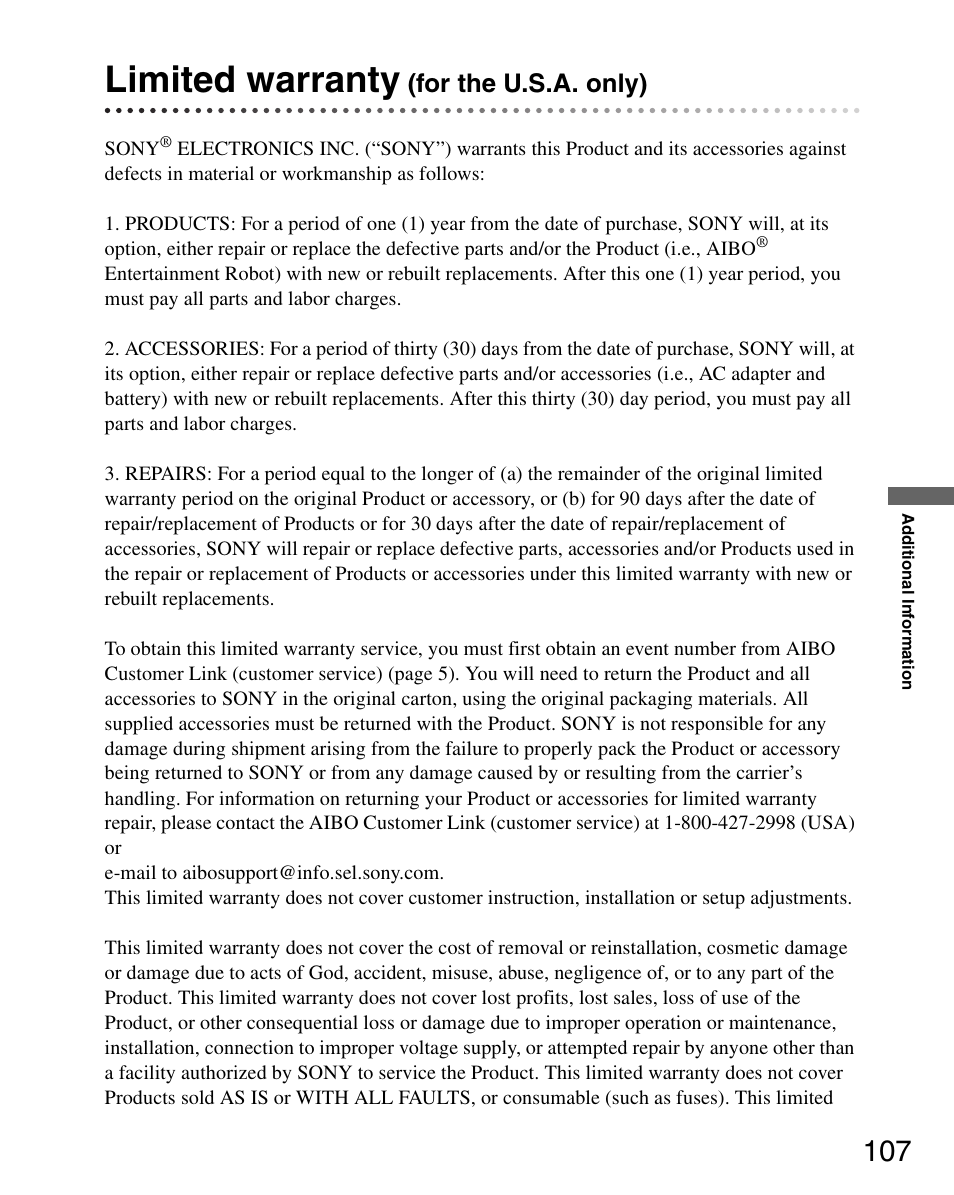 Limited warranty (for the u.s.a. only), Limited warranty, For the u.s.a. only) | Sony ERS-7 User Manual | Page 107 / 120