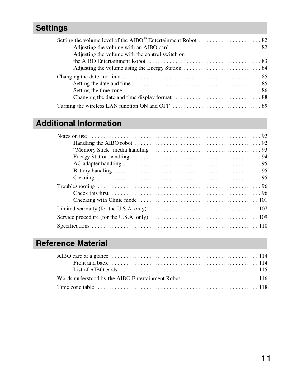 Settings, Additional information, Reference material | Sony ERS-7 User Manual | Page 11 / 120