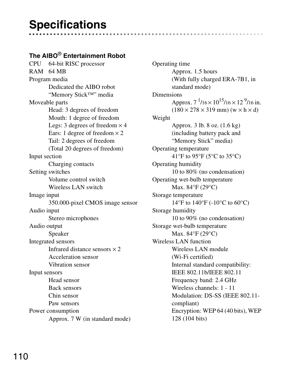 Specifications | Sony ERS-7 User Manual | Page 110 / 120