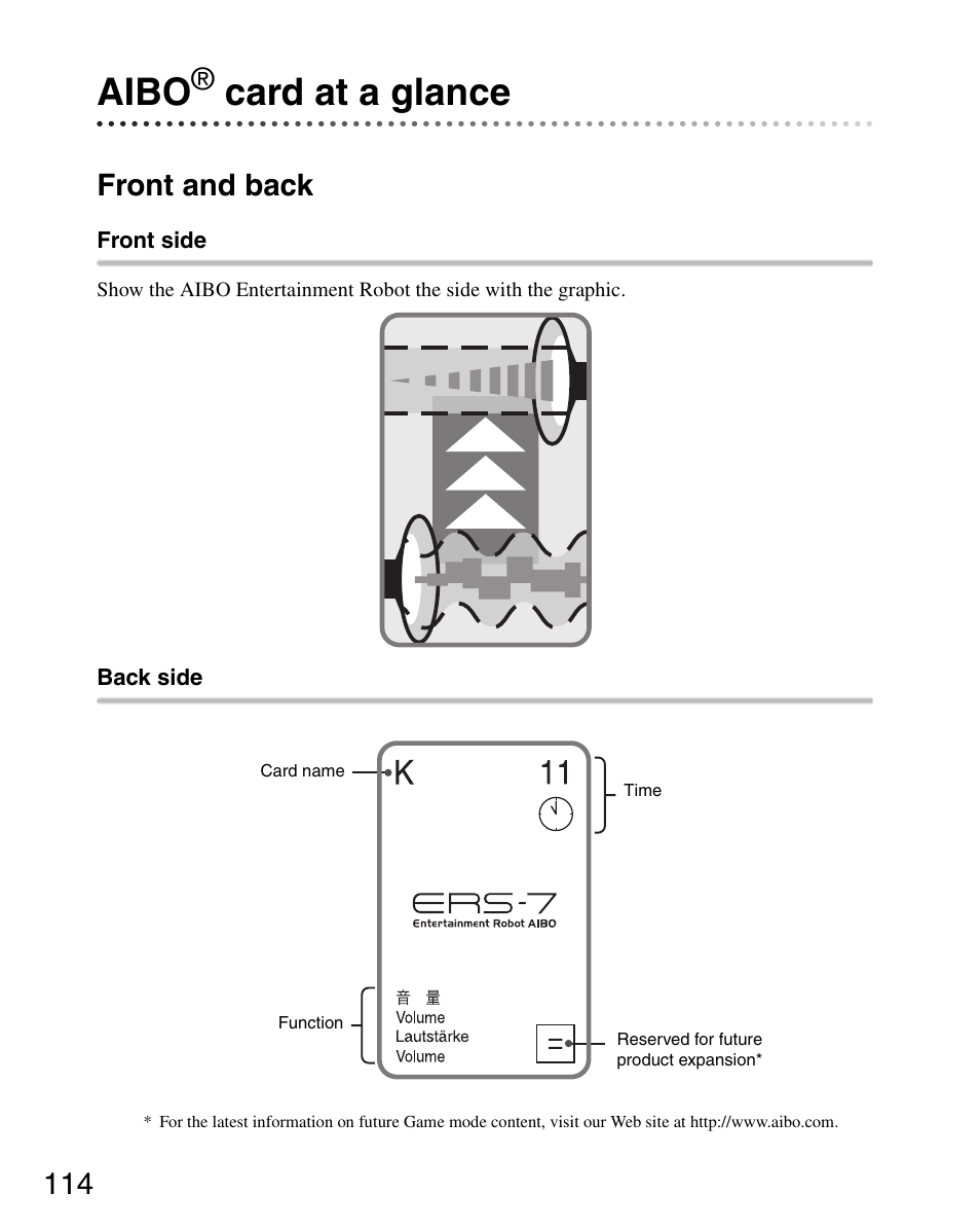 Aibo® card at a glance, Front and back, Aibo card at a glance | Aibo, Card at a glance | Sony ERS-7 User Manual | Page 114 / 120