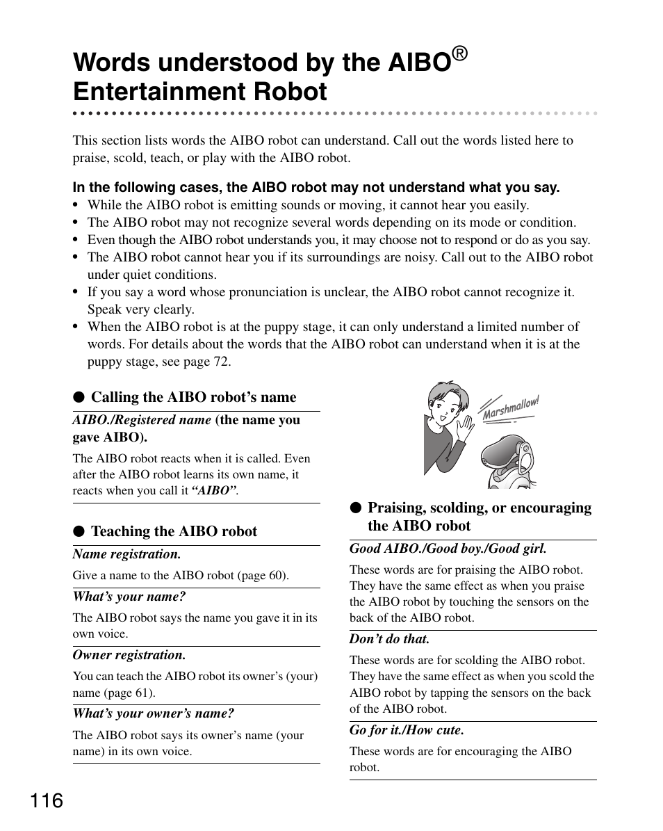 Words understood by the aibo® entertainment robot, Words understood by the aibo entertainment robot, Words understood by the aibo | Entertainment robot | Sony ERS-7 User Manual | Page 116 / 120