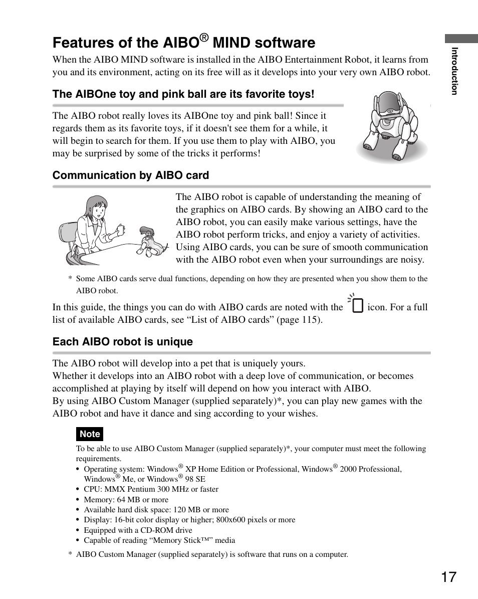 Features of the aibo® mind software, Features of the aibo mind software, 17 features of the aibo | Mind software, The aibone toy and pink ball are its favorite toys, Communication by aibo card, Each aibo robot is unique | Sony ERS-7 User Manual | Page 17 / 120