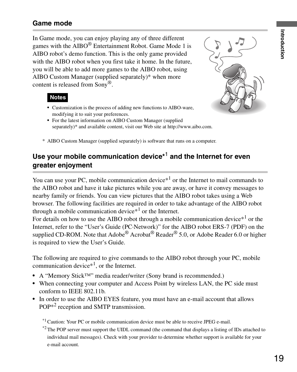 Game mode, Use your mobile communication device, And the internet for even greater enjoyment | Sony ERS-7 User Manual | Page 19 / 120