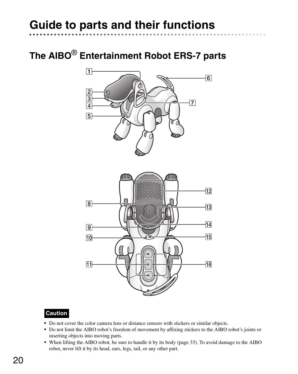 Guide to parts and their functions, The aibo® entertainment robot ers-7 parts, The aibo entertainment robot ers-7 parts | The aibo, Entertainment robot ers-7 parts | Sony ERS-7 User Manual | Page 20 / 120