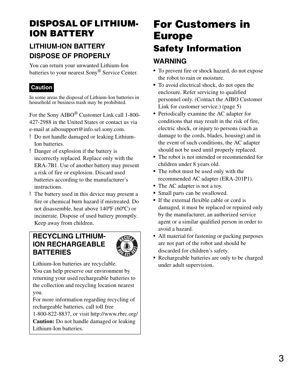 For customers in europe, Disposal of lithium- ion battery, Safety information | Sony ERS-7 User Manual | Page 3 / 120