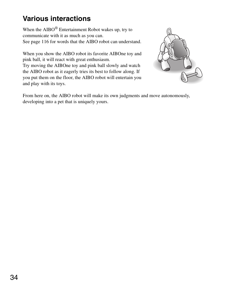 Various interactions, 34 various interactions | Sony ERS-7 User Manual | Page 34 / 120