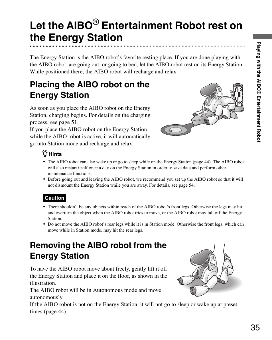 Placing the aibo robot on the energy station, Removing the aibo robot from the energy station, Let the aibo | Entertainment robot rest on the energy station | Sony ERS-7 User Manual | Page 35 / 120