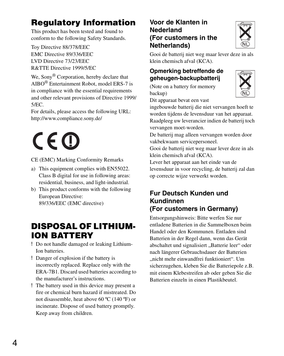Regulatory information, Disposal of lithium- ion battery | Sony ERS-7 User Manual | Page 4 / 120