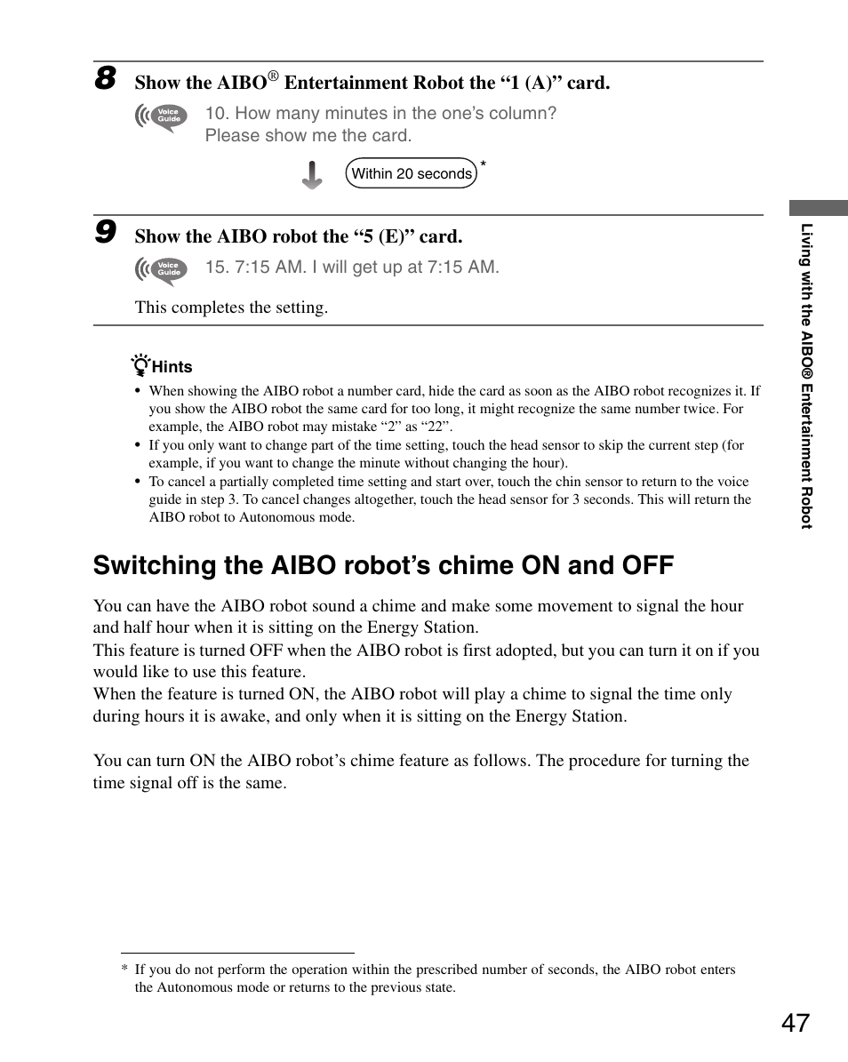 Switching the aibo robot’s chime on and off | Sony ERS-7 User Manual | Page 47 / 120
