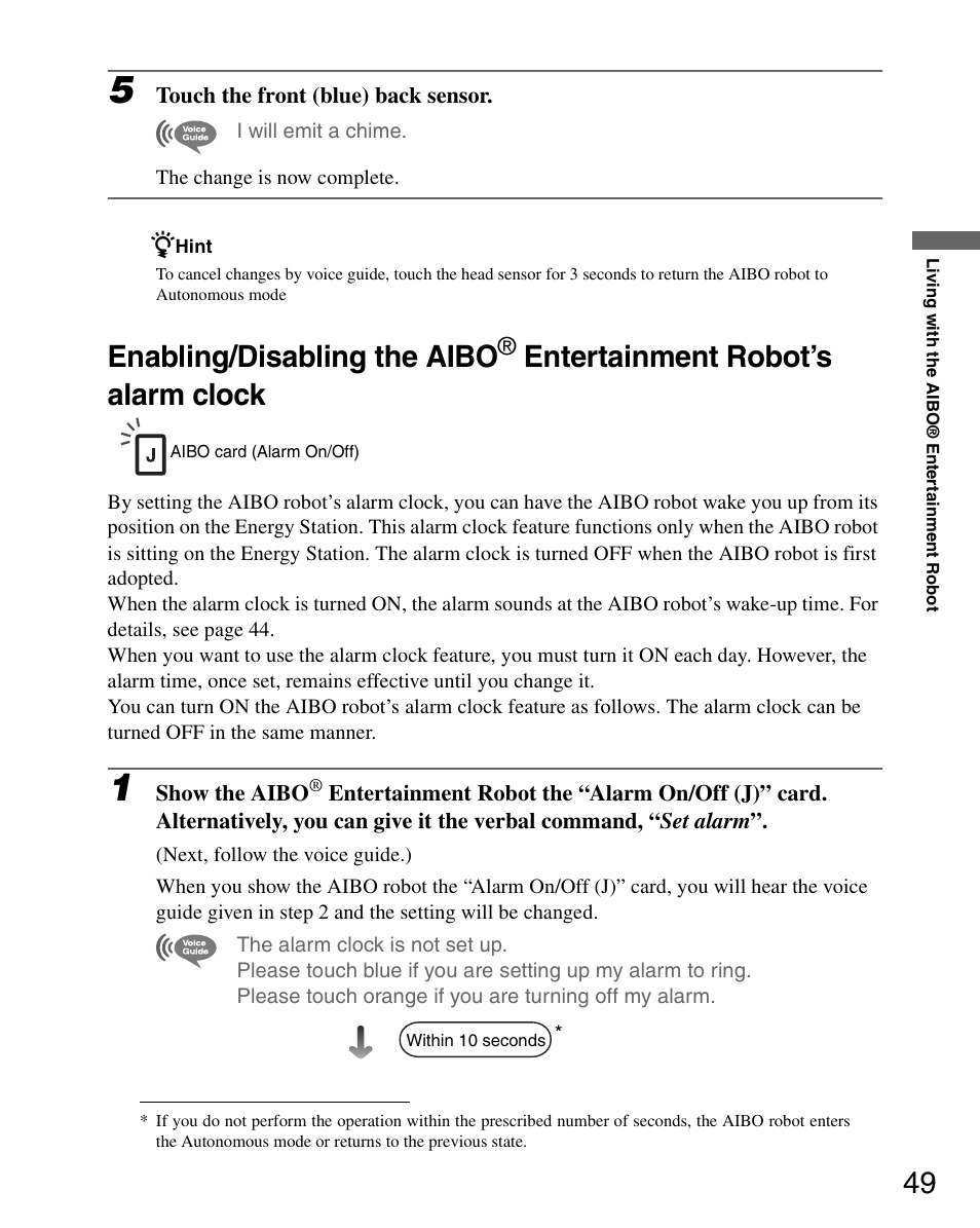Enabling/disabling the aibo, Entertainment robot’s alarm clock | Sony ERS-7 User Manual | Page 49 / 120
