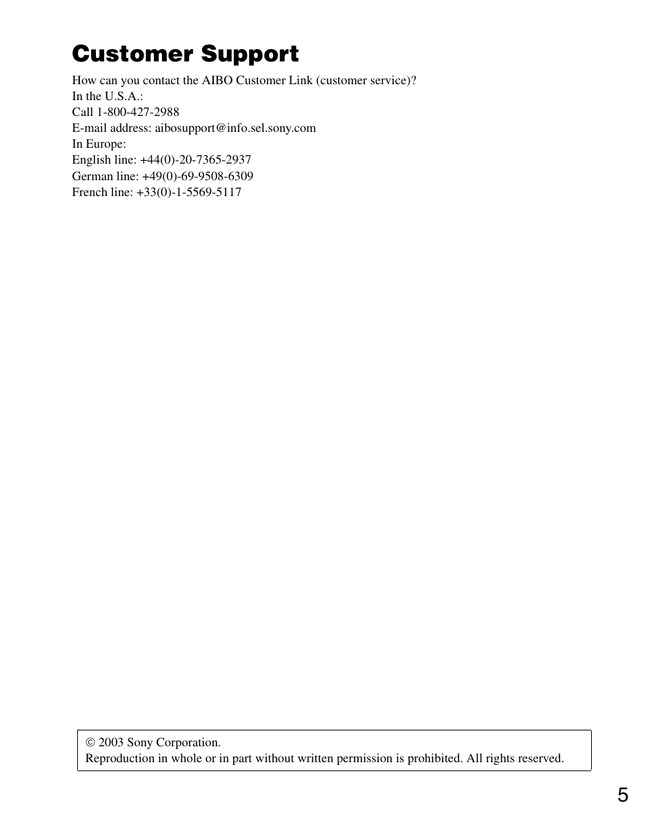 Customer support | Sony ERS-7 User Manual | Page 5 / 120