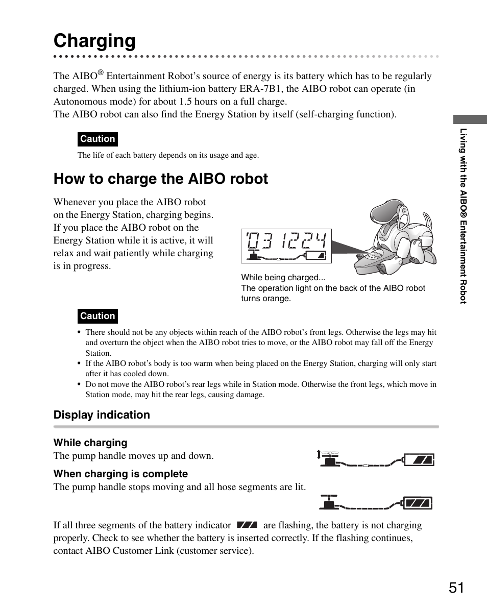 Charging, How to charge the aibo robot | Sony ERS-7 User Manual | Page 51 / 120