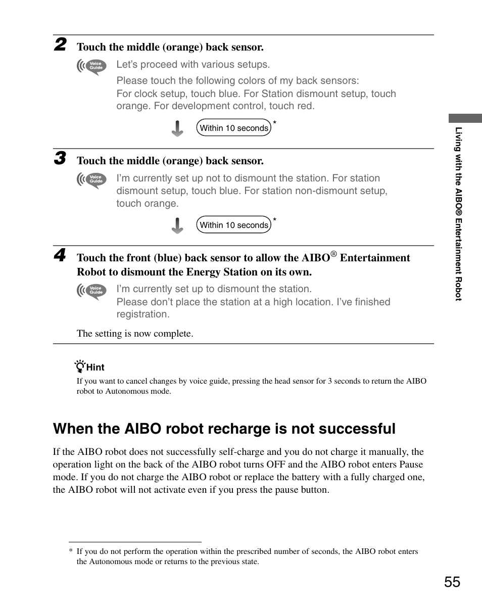 When the aibo robot recharge is not successful | Sony ERS-7 User Manual | Page 55 / 120