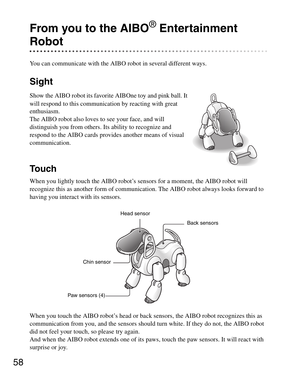 From you to the aibo® entertainment robot, Sight, Touch | From you to the aibo entertainment robot, Sight touch, Entertainment robot | Sony ERS-7 User Manual | Page 58 / 120