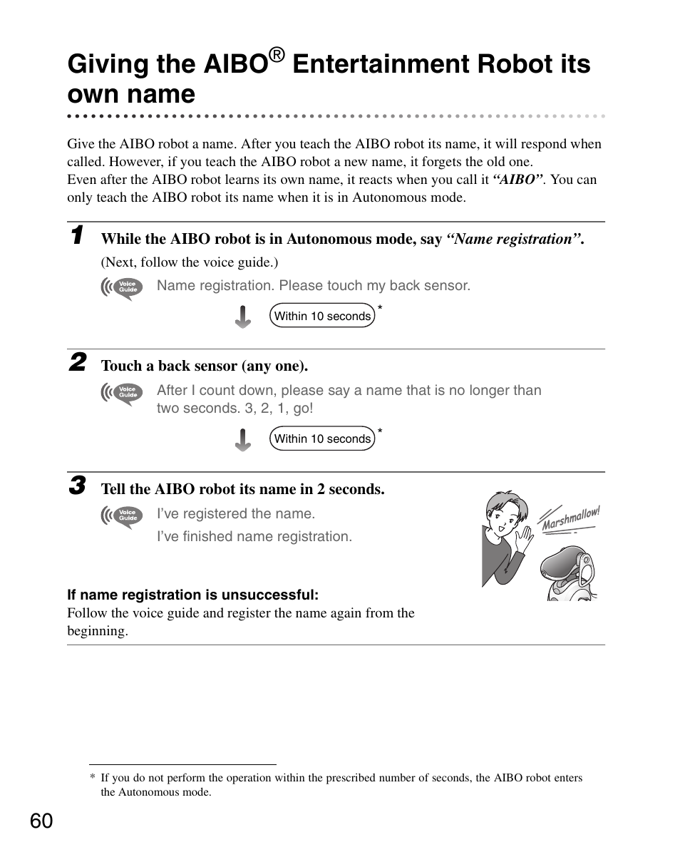 Giving the aibo® entertainment robot its own name, Giving the aibo entertainment robot its own name, Giving the aibo | Entertainment robot its own name | Sony ERS-7 User Manual | Page 60 / 120