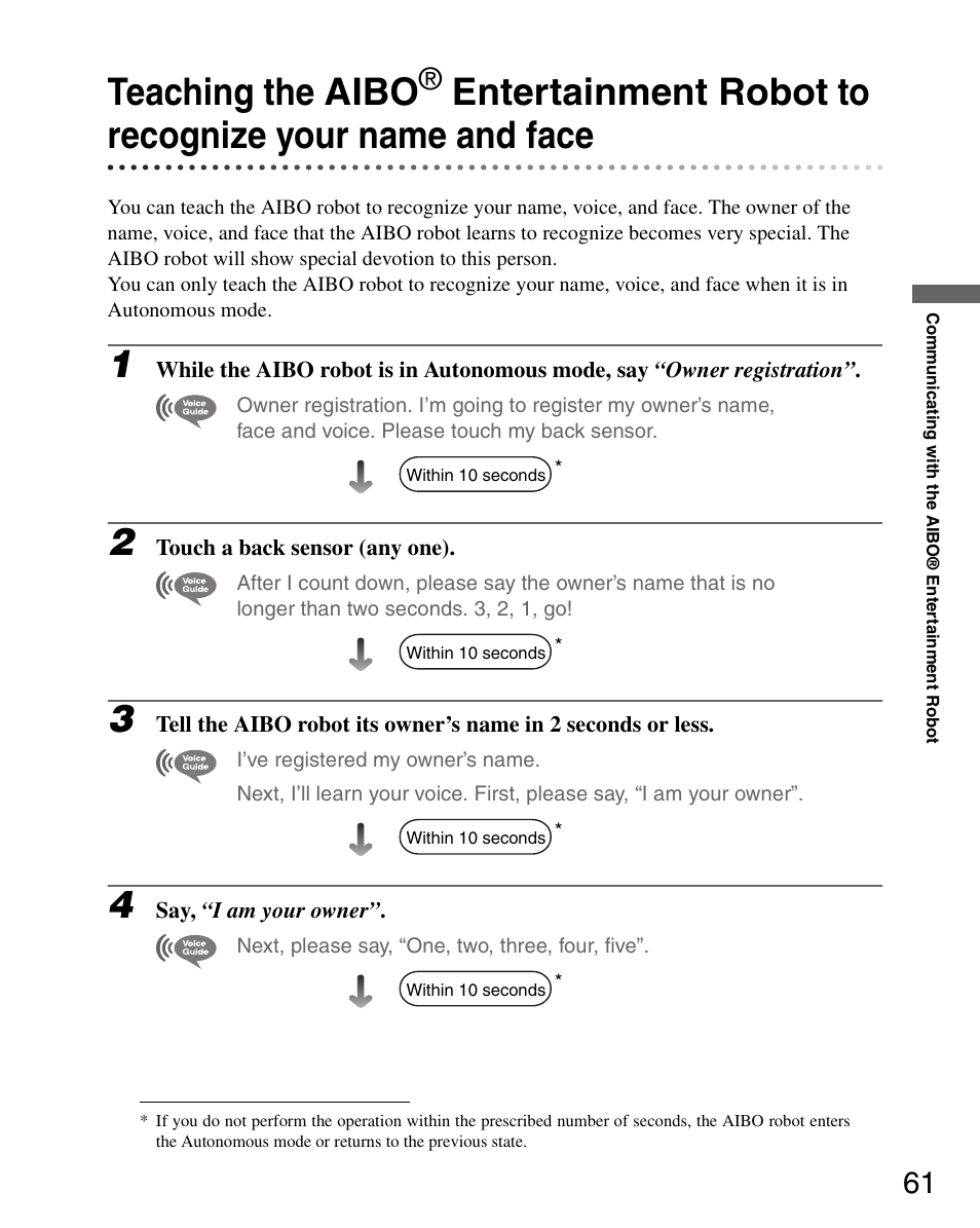 Teaching the aibo | Sony ERS-7 User Manual | Page 61 / 120