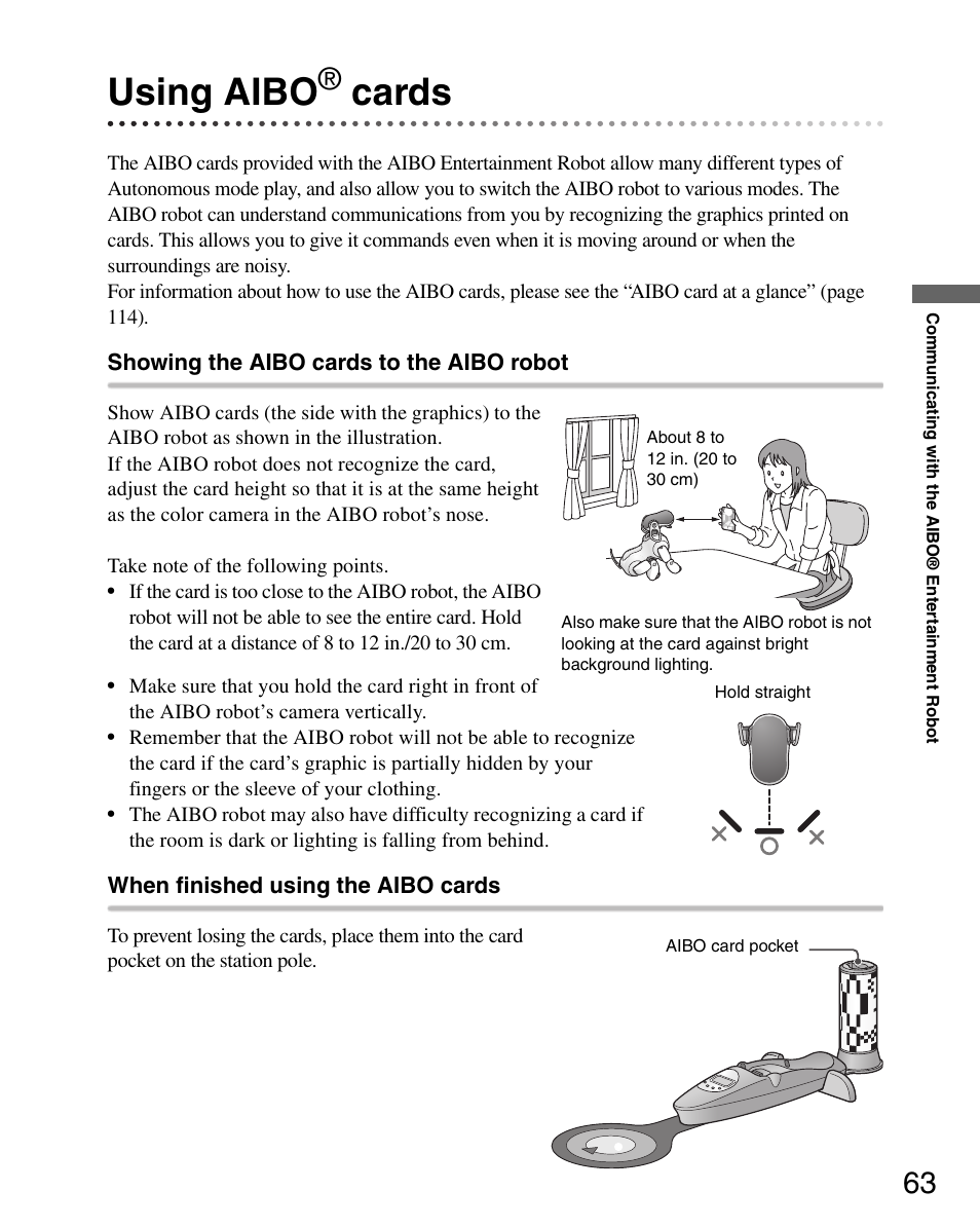 Using aibo® cards, Using aibo cards, Using aibo | Cards | Sony ERS-7 User Manual | Page 63 / 120